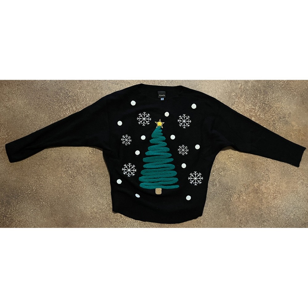 Aaeda Women Black Christmas Tree Holiday Sweater Fuzzy Embroidered Small